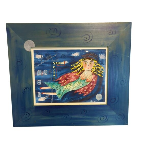 Mermaid Art Print Set Blue Ocean Coastal Decor Signed SenoraQ Mexico Framed - Picture 2 of 15